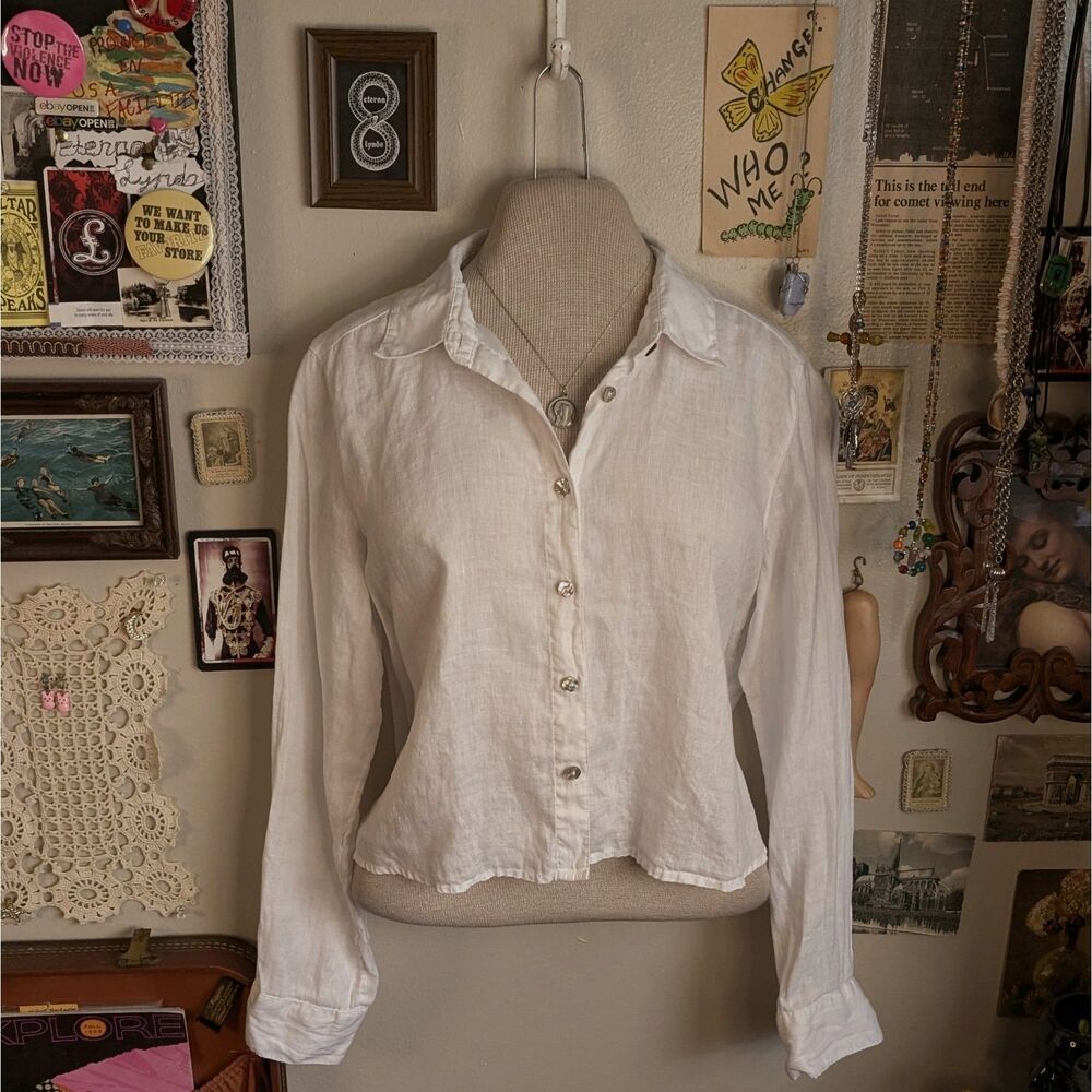 Linen Pearl Button Down Shirt Women's Small White